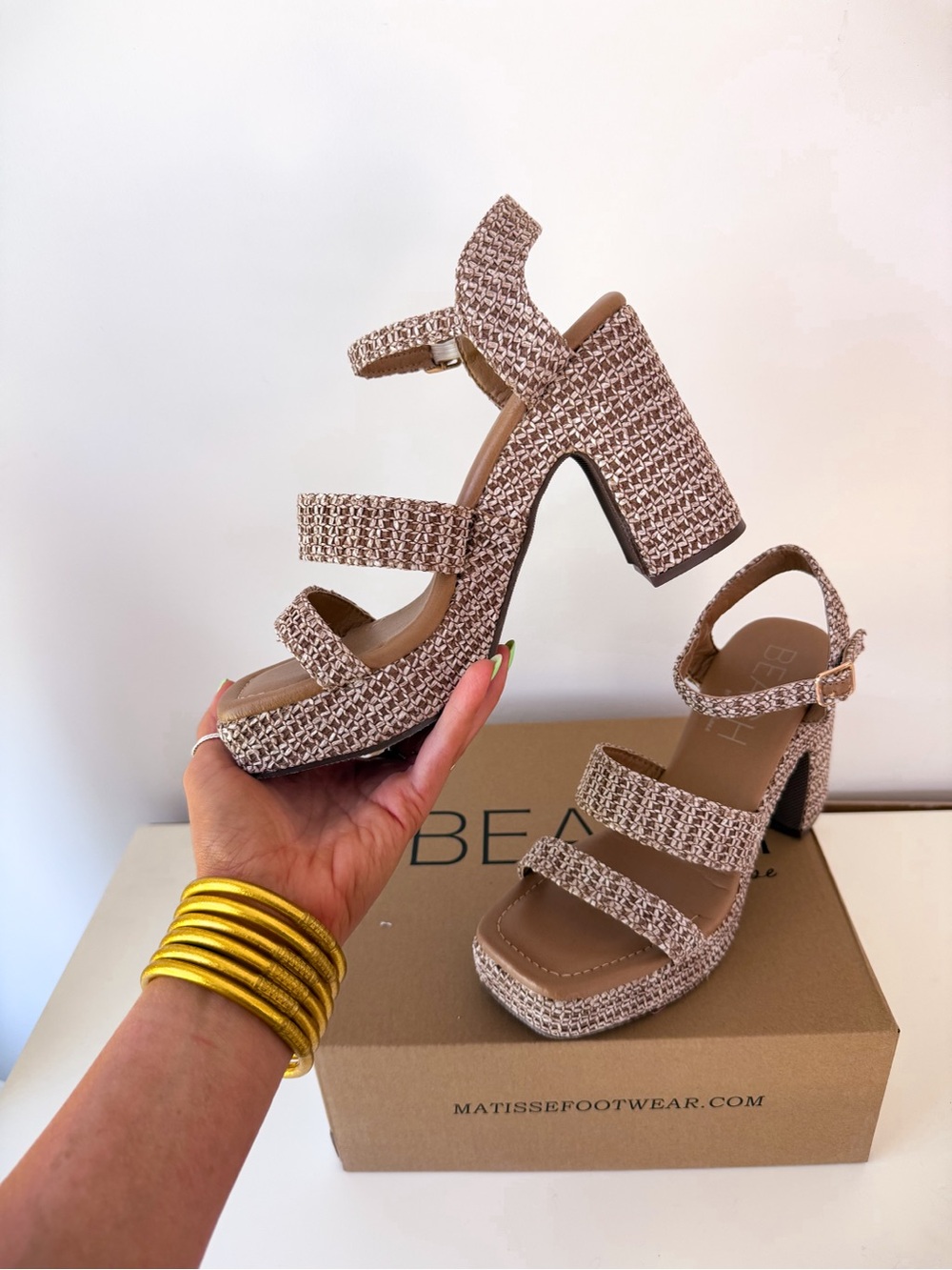 Matisse Beige Tweed Block Heel Sandals